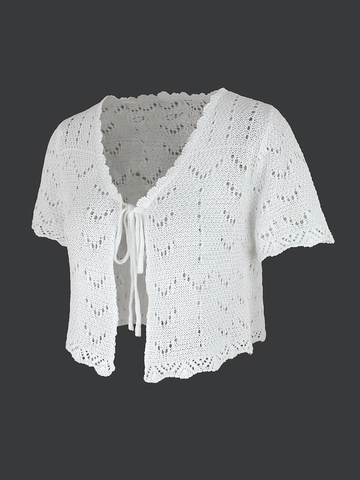 Women Casual Hollow Out Crochet Knit Cardigan V Neck Tie Front Short Sleeve Beach Cover Up Summer Lightweight Sweater Top