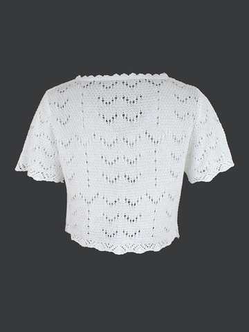 Women Casual Hollow Out Crochet Knit Cardigan V Neck Tie Front Short Sleeve Beach Cover Up Summer Lightweight Sweater Top