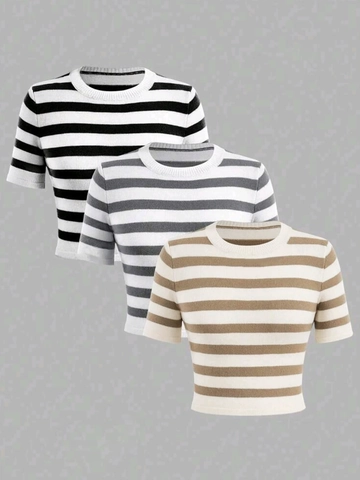 Dames Casual Gestreepte Gebreide Tops Met Korte Mouwen Ronde Hals Zacht Ademend Zomer Crop Breiwerk Mode Gestreepte Patroon Top Voor Dagelijks Gebruik