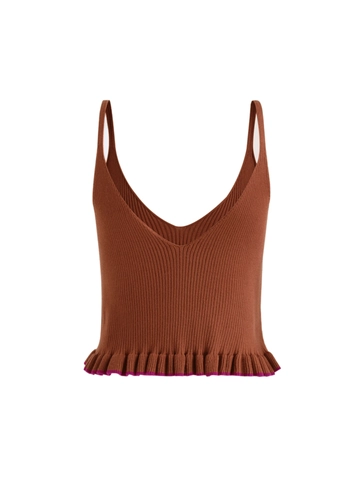 Damen Strick Camisole Spaghettiträger V-Ausschnitt Rüschensaum Gerippt Kaffee Und Schwarz Tops Doppelpack Lässig Sommer Strickweste
