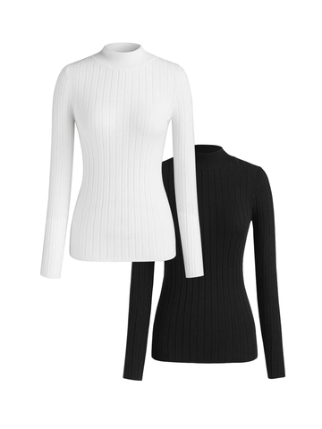 Dames Slim Fit Mock Neck Ribgebreide Trui Wit En Zwart Lange Mouw Casual Pullover Tops Voor Lente Herfst