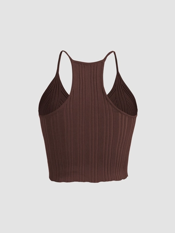 Dames Geribde Gebreide Tanktop Duo Polyester Slim Fit Racerback Crop Top V-Hals Mouwloos Casual Zomer Koffie Zwart
