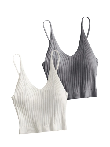 Canotta Donna con Scollo a V in Maglia a Costine Senza Maniche Gilet Basic Bianco E Grigio Casual Estate Sexy Intimo