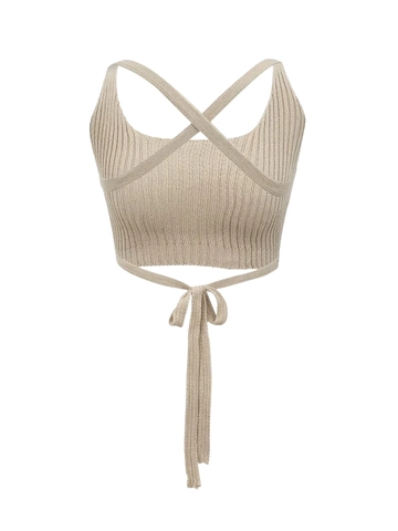 Top Crop In Maglia A Coste Casual Da Donna E Canotta Con Orlo Incrociato Allacciato Cachi Nero Sexy Senza Maniche