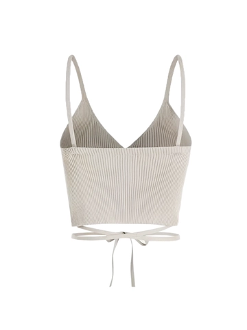 Top a Canotta in Maglia a Costine da Donna Duo Scollo a V Senza Maniche a Portafoglio Stringati Crop Top Cachi e Neri
