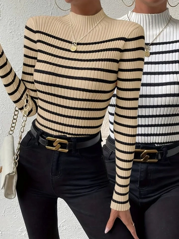 Pull en Tricot Rayé pour Femmes Col Montant Manches Longues Coupe Ajustée Texture à Côtes Haut Décontracté Automne