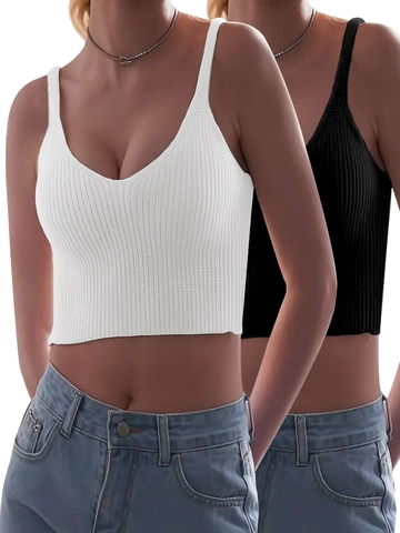 Damen Rippstrick Unterhemd V-Ausschnitt Crop Top Weiß Und Schwarz Schlanke Passform Casual Sommer Sexy Ärmellos Mode Top