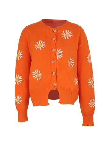 Cardigan in Maglia da Donna con Ricamo di Margherite Manica Lunga Girocollo Monopetto Motivo Floreale Casual Vestibilità Regolare Top in Maglieria