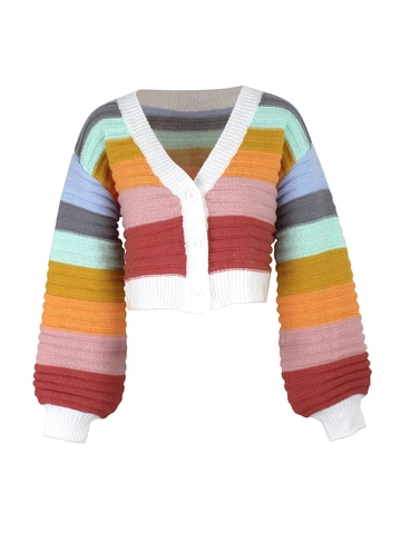 Women Rainbow Stripe Cropped Knit Cardigan V Neck Long Sleeve Single Breasted Casual Button Up Polyester Sweater Top