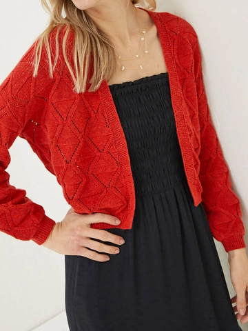 Women Casual Hollow Out Knitted Cardigan Red Cropped Sweater Jacket With Rhombic Pattern Long Sleeve Open Front Top