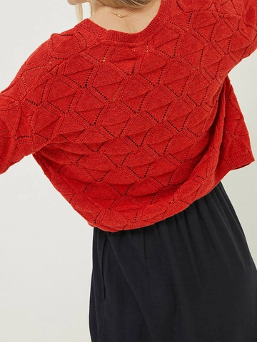 Women Casual Hollow Out Knitted Cardigan Red Cropped Sweater Jacket With Rhombic Pattern Long Sleeve Open Front Top