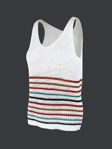 Canotta da Donna in Maglia Casual con Scollo a V Senza Maniche Traforata a Righe Arcobaleno Gilet Uncinetto Boho Top Estivo