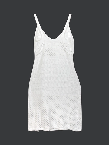 Damen Sommer Häkeln Strick Maxikleid V-Ausschnitt Ärmellos Ausschnitt Seitenschlitz Schmale Passform Urlaub Strand Langes Trägerkleid