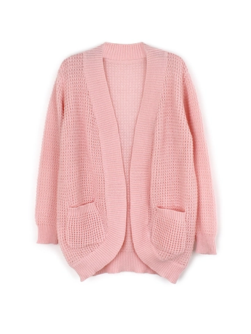Women Casual Waffle Knit Cardigan Sweater Open Front Long Sleeve V-Neck Loose Knitwear With Pockets Solid Mid-Length Jacket
