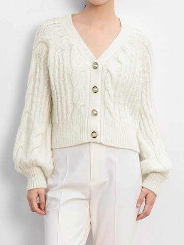 Women's Casual Cable Knit Cardigan V Neck Lantern Sleeve Artificial Pearl Buttons Short Sweater Jacket Solid Color Knitwear Top