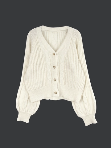 Women's Casual Cable Knit Cardigan V Neck Lantern Sleeve Artificial Pearl Buttons Short Sweater Jacket Solid Color Knitwear Top