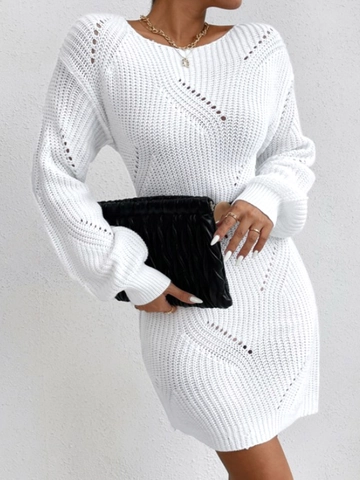 Damen Casual Weiß Hohl Strickkleid Wellenstruktur Rundhals Langarm Schlank Mittellang Weich Strick Pullover Kleid