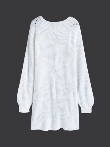 Damen Casual Weiß Hohl Strickkleid Wellenstruktur Rundhals Langarm Schlank Mittellang Weich Strick Pullover Kleid