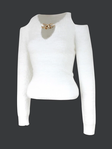 Maglione Peloso da Donna Spalle Scoperte con Catena Dorata Decorativa Pullover a Maniche Lunghe in Maglia Imitazione Visone