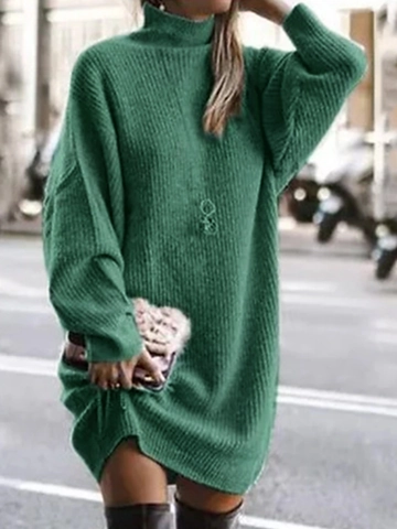 Vestido de Punto con Cuello Alto para Mujer Manga Larga Extragrande Pullover Acanalado Top de Punto Midi Verde