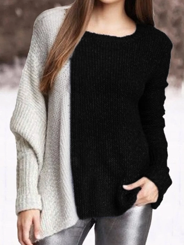 Suéter de Punto Casual para Mujer Cuello Redondo Manga Larga Holgado Bloque de Color Patchwork Otoño Invierno Cálido Top