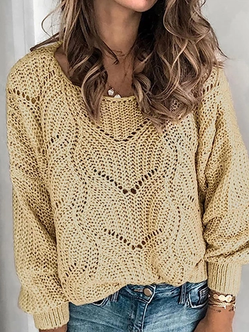 Women Casual Hollow Out Knit Sweater Solid Color Round Neck Loose Pullover Long Sleeve Crochet Knitwear Beige Jumper Top