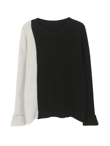 Suéter de Punto Casual para Mujer Cuello Redondo Manga Larga Holgado Bloque de Color Patchwork Otoño Invierno Cálido Top