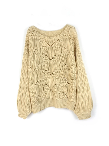 Women Casual Hollow Out Knit Sweater Solid Color Round Neck Loose Pullover Long Sleeve Crochet Knitwear Beige Jumper Top
