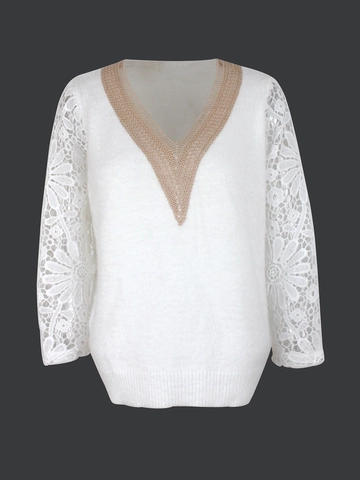 Damen Spitze Patchwork V Ausschnitt Pullover Langarm Hohl Gehäkelt Strickpullover Casual Elegant Mode Kleidung