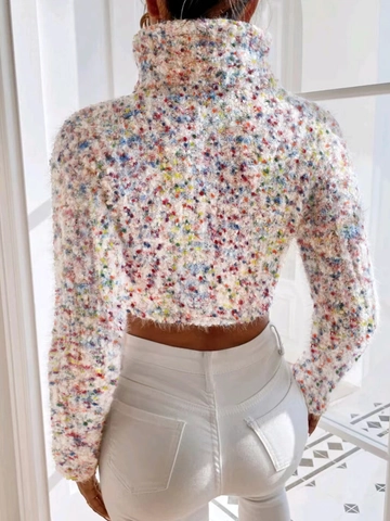 Damen Cropped Konfetti Strick Plüsch Rollkragenpullover Langarm Weicher Flauschiger Strickpullover Für Herbst Winter