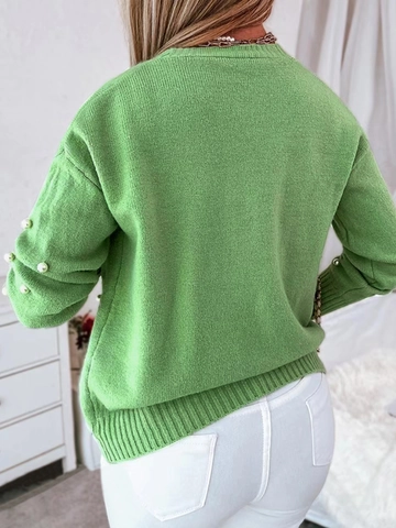 Atuendo de Punto Casual para Mujer Chaqueta de Perlas Artificiales y Camisola Interior Verde Cuello en V Manga Larga