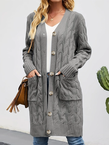 Women Long Cable Knit Cardigan V-Neck Button Open Front Sweater Jacket With Pockets Casual Solid Loose Knitwear Outwear