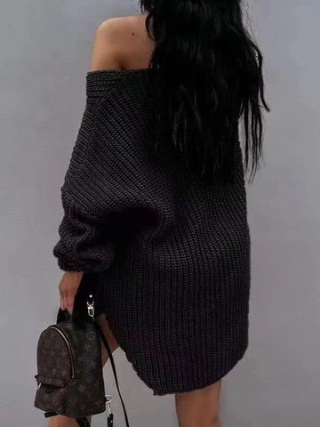 Vestido de Suéter de Punto Grueso de Talla Grande con Cuello en V para Mujer Manga Larga Color Sólido Suéter Casual Cálido Otoño Invierno