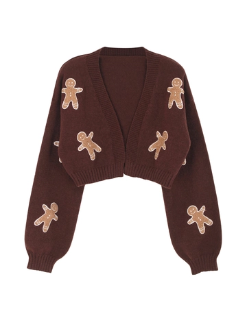 Women Christmas Gingerbread Man Applique Knit Cardigan V Neck Cropped Dropped Shoulder Long Sleeve Casual Open Front Sweater