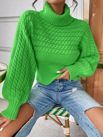 Maglione da Donna Casual Verde Dolcevita con Treccia a Maglia Manica a Lanterna Bordo a Coste Pullover in Maglia Morbido