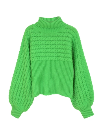 Maglione da Donna Casual Verde Dolcevita con Treccia a Maglia Manica a Lanterna Bordo a Coste Pullover in Maglia Morbido