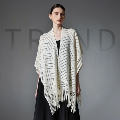 Women Knitted Hollow Out Poncho Shawl With Tassels Lightweight Crochet Solid Color Wrap Cape For Spring Summer Autumn