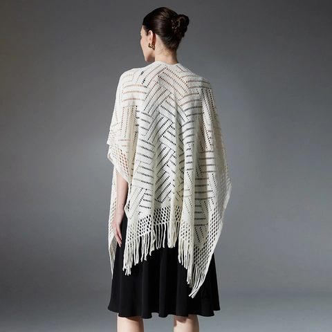Women Knitted Hollow Out Poncho Shawl With Tassels Lightweight Crochet Solid Color Wrap Cape For Spring Summer Autumn