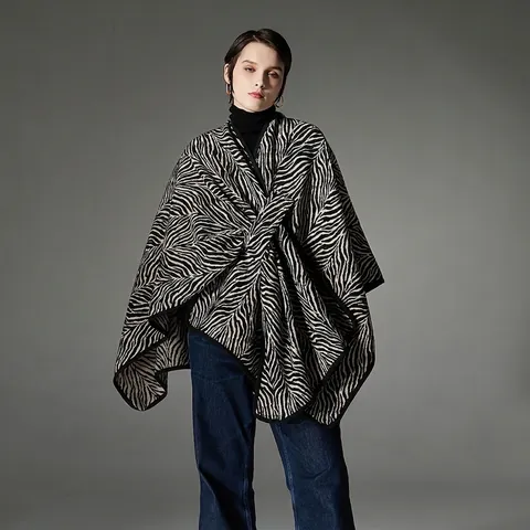 Chal de Punto con Estampado de Cebra para Mujer con Hebilla Grueso y Cálido de Chenilla Poncho Capa para la Moda de Otoño Invierno