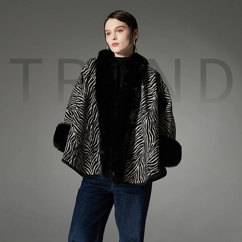 Poncho Chal Vintage Para Mujer Con Patrón De Cebra Y Cuello De Piel Sintética Chenilla Blanco Y Negro Capa Cálida Jacquard