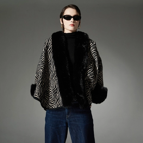 Poncho Chal Vintage Para Mujer Con Patrón De Cebra Y Cuello De Piel Sintética Chenilla Blanco Y Negro Capa Cálida Jacquard