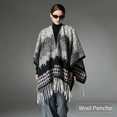 Scialle da Donna Vintage in Misto Lana Pied de Poule Con Nappine Mantella in Maglia Avvolgente Geometrica Caldo Sciarpa Invernale