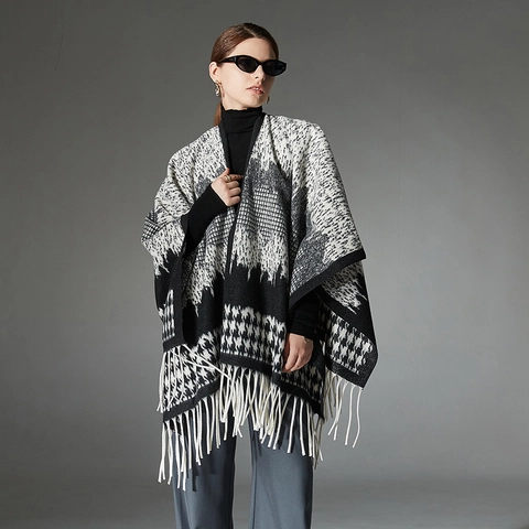 Scialle da Donna Vintage in Misto Lana Pied de Poule Con Nappine Mantella in Maglia Avvolgente Geometrica Caldo Sciarpa Invernale