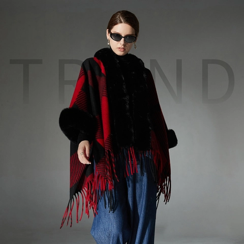 Women Buffalo Plaid Shawl Poncho With Faux Fur Collar And Tassels Warm Polyester Blend Open Front Cape Wrap For Winter