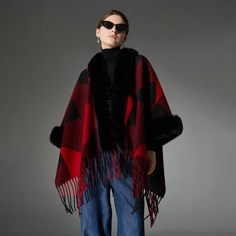 Women Buffalo Plaid Shawl Poncho With Faux Fur Collar And Tassels Warm Polyester Blend Open Front Cape Wrap For Winter