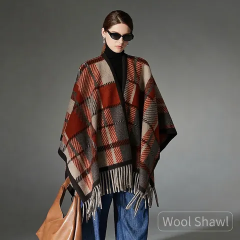 Damen Wollmischung Karo Schal Mit Quasten Geometrisches Karomuster Poncho Wrap Vintage Herbst Winter Warmer Umhang Damen