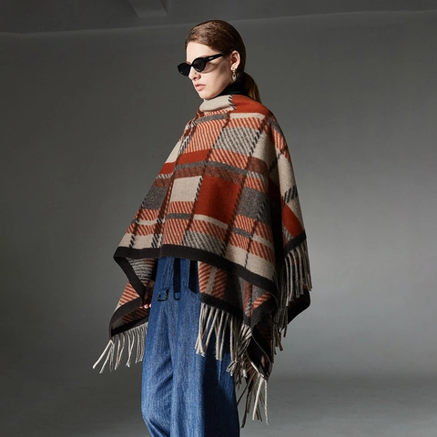 Damen Wollmischung Karo Schal Mit Quasten Geometrisches Karomuster Poncho Wrap Vintage Herbst Winter Warmer Umhang Damen
