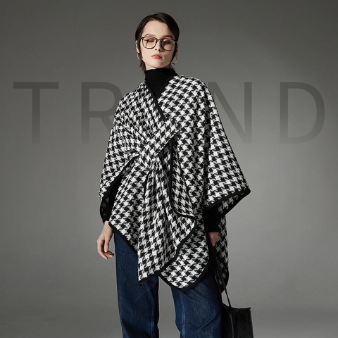 Γυναικείο Casual Πόντσο με Πόρπη Κάπα Σάλι Houndstooth Μοτίβο Μαύρο Άσπρο Φθινόπωρο Χειμώνας Ζεστό Πανωφόρι