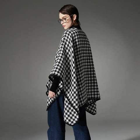 Γυναικείο Casual Πόντσο με Πόρπη Κάπα Σάλι Houndstooth Μοτίβο Μαύρο Άσπρο Φθινόπωρο Χειμώνας Ζεστό Πανωφόρι