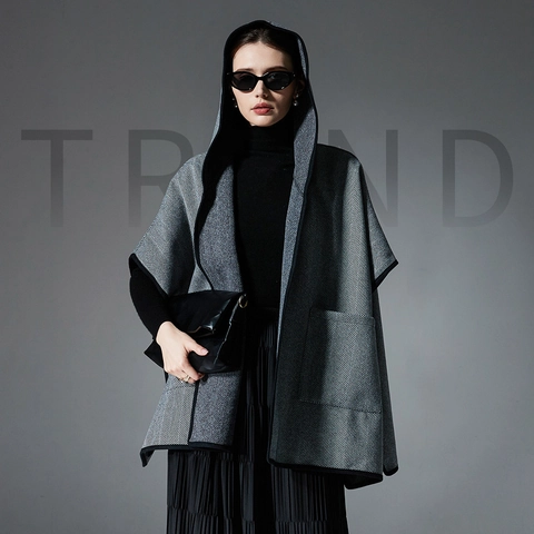 Women's Hooded Poncho Cape Herringbone Pattern Double-Sided Fabric Warm Winter Wrap Scarf With Pockets Loose Fit Cloak